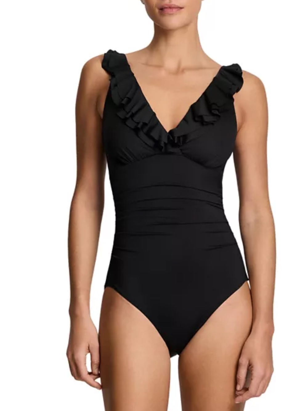Ralph Lauren Ruffle Surplice One Piece Swimsuit Size 16 Black NWT